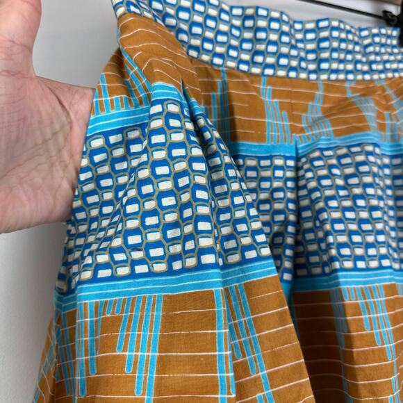 Francis + Benedict A-Line Skirt Women's Small Blue Brown Geo Pleated Togo Africa - Picture 4 of 10